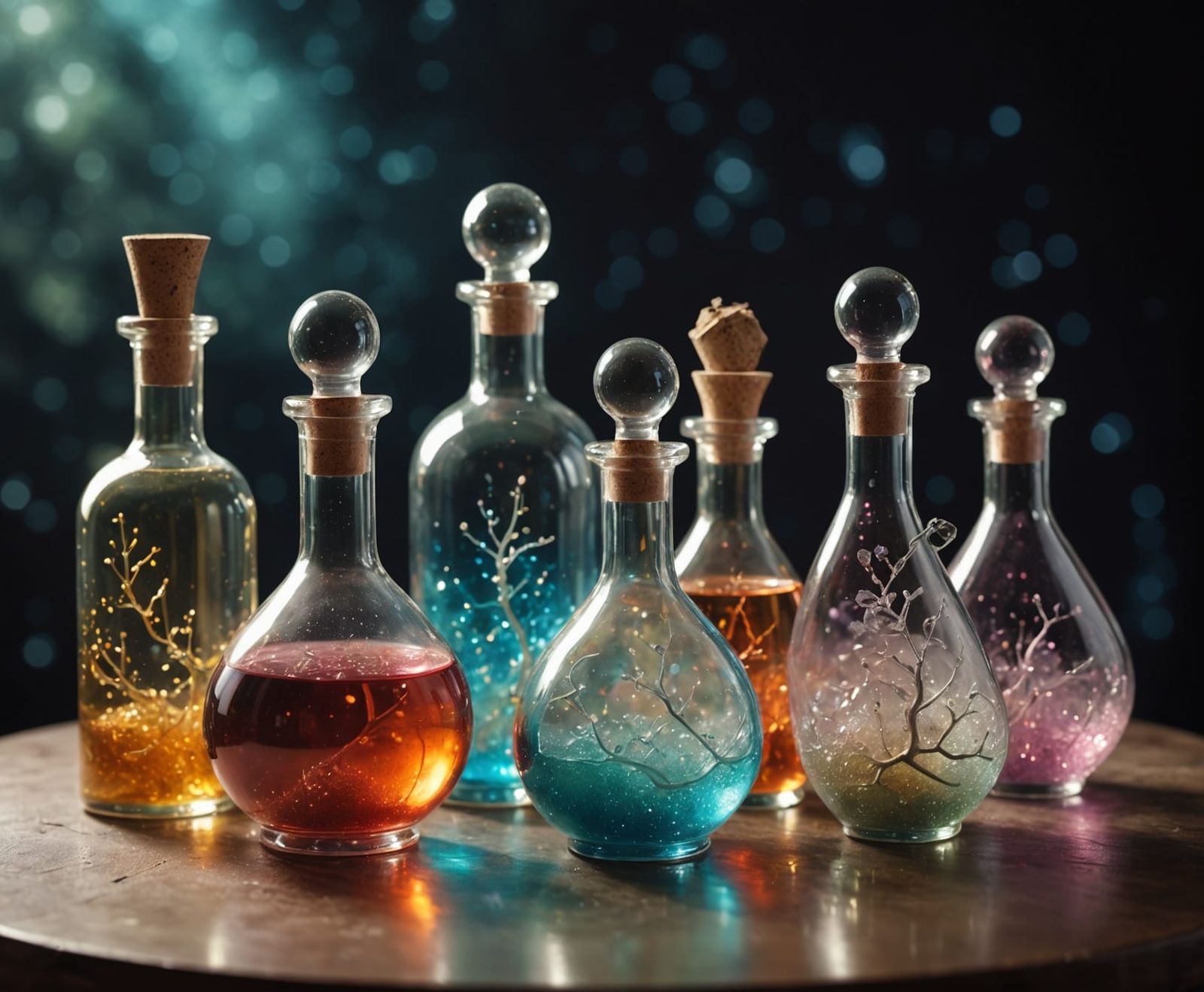 Whimsical Glass Bottles in a Muted, Sparkling Potion Room