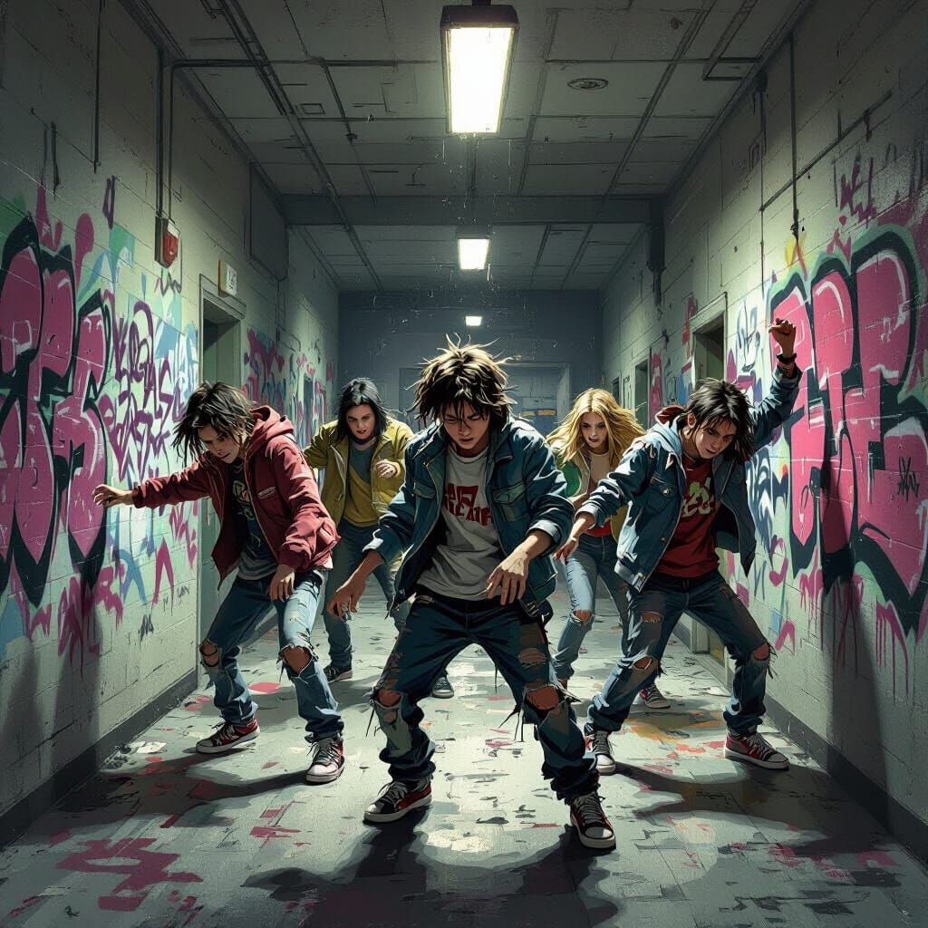 Rebellious Teens Dancing in Graffiti Hallway
