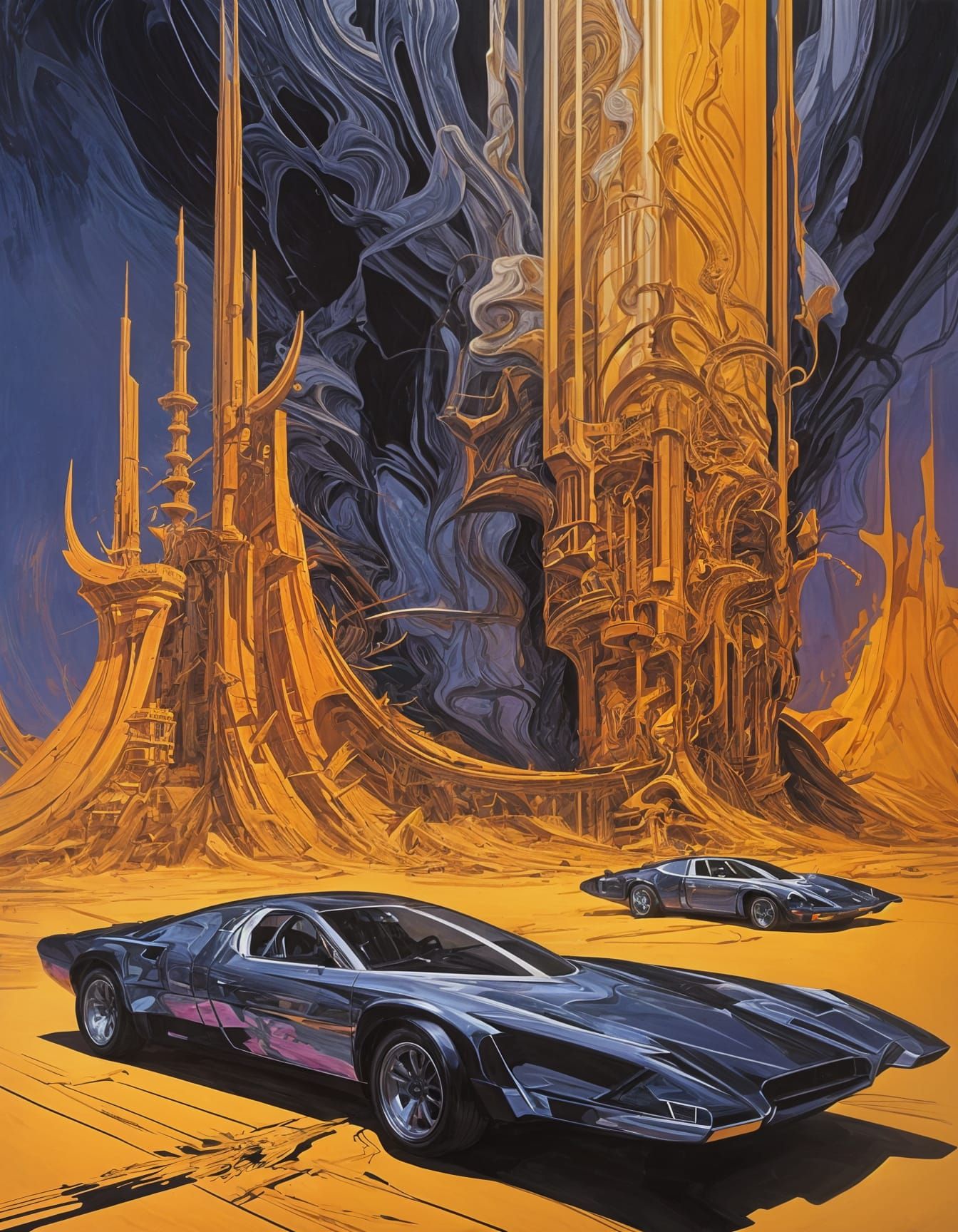 Post-Apocalyptic World in Ruins, Dark Indigo and Fiery Orang...