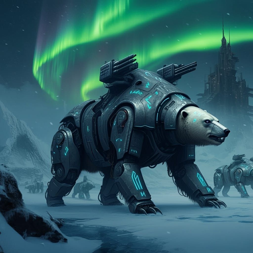 Cyberpunk Polar Bear War Machine in Grimdark Norse Wasteland