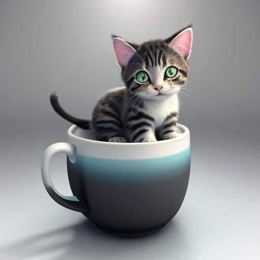 Cute Kitten Drinking Coffee in 3D Style