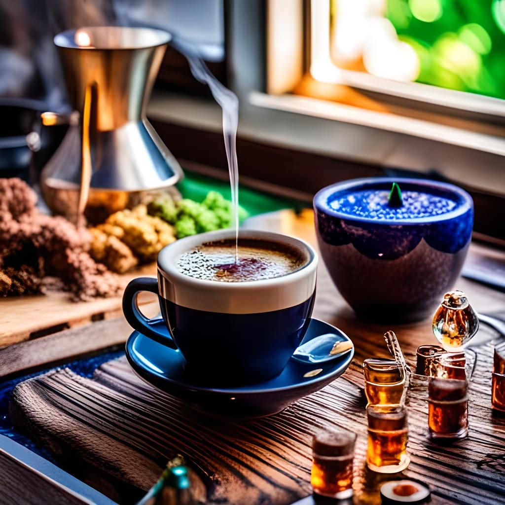 Still Life with Coffee, Crystals and Flowers