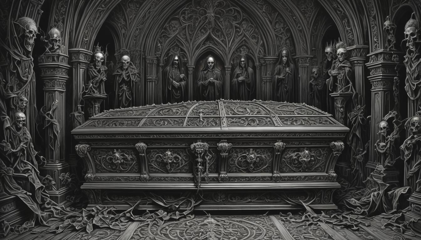 Gothic Victorian Funeral Art: All-Black Damask Coffin