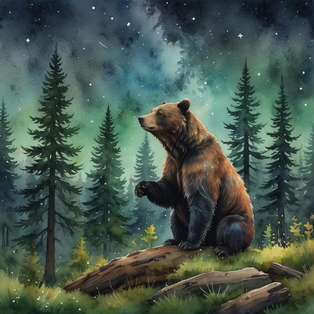 Whimsical Bear Stargazing in Enchanted Forest