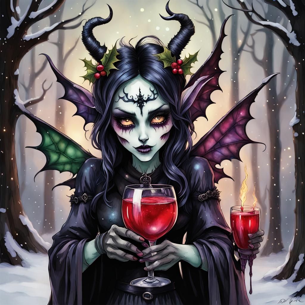 Festive Gothic Christmas Demons in Alcohol Ink Style