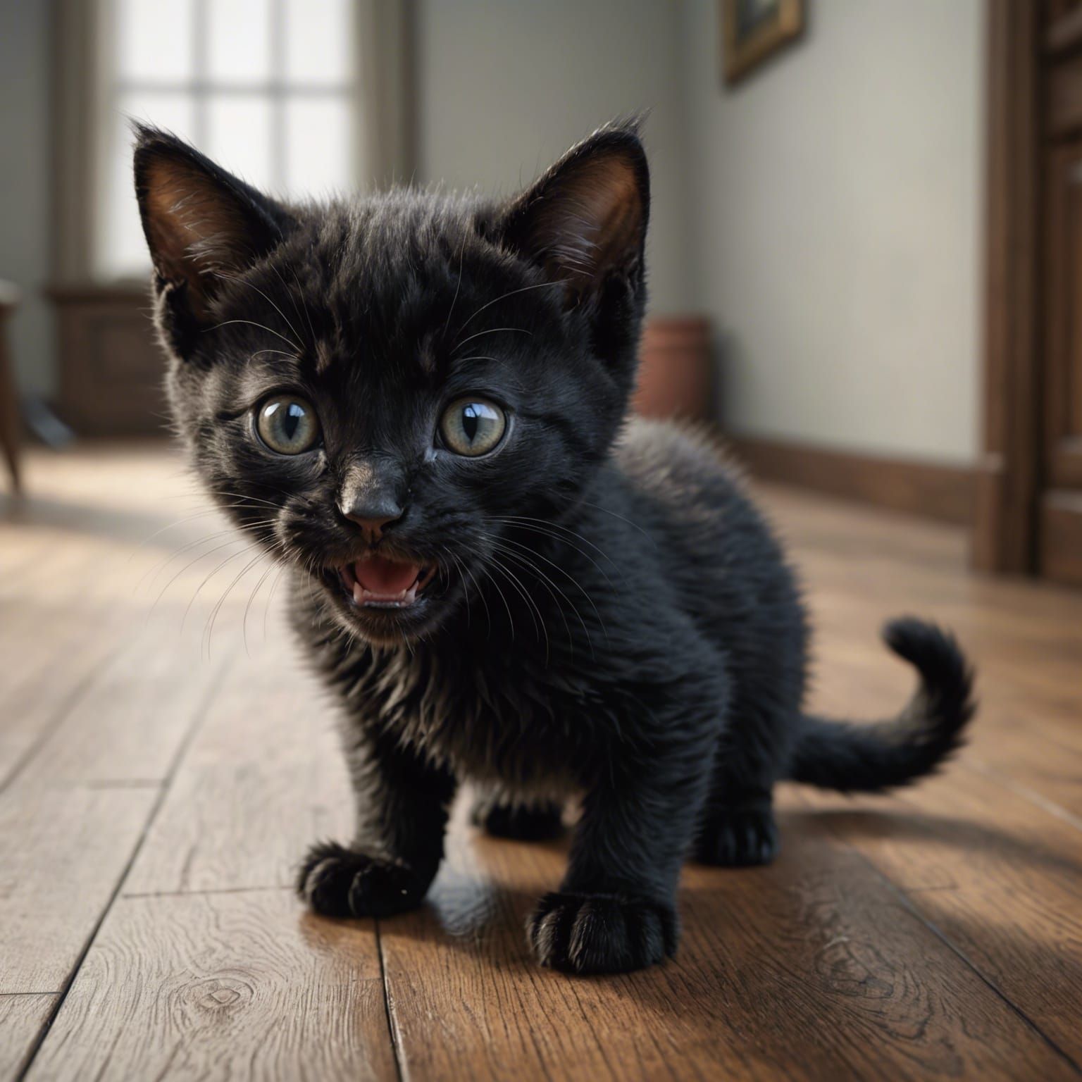 Hyperrealistic Black Kitten in Fantasy Room