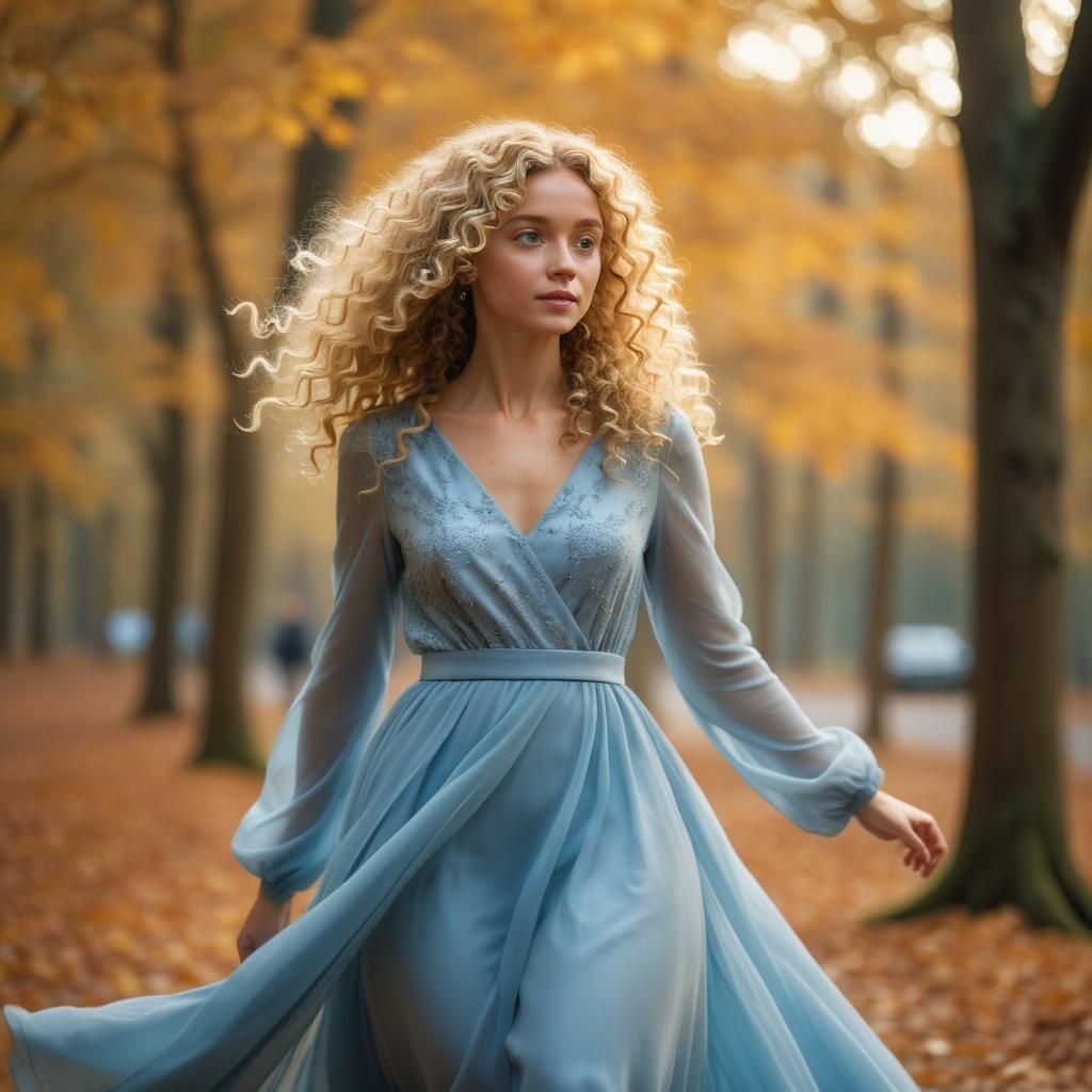 Woman in Blue Gown in Autumn Forest Portrait