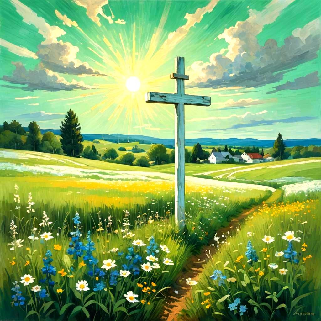 Sunlit White Cross on Green Field