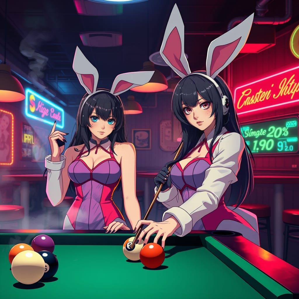 Anime Bunny Ladies Shine in 90's Neon 8-Ball Pool Scene