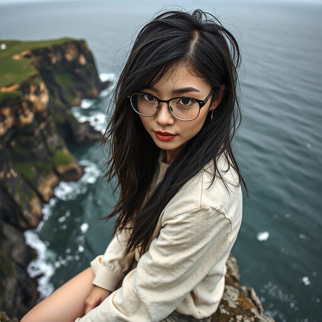Hyperrealistic Woman on Cliffs Overlooking Sea