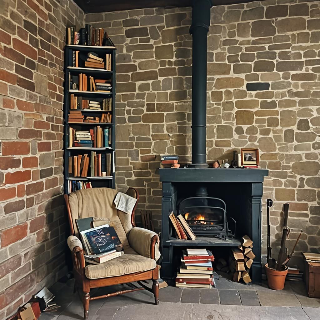 Cozy Books by the Fireplace