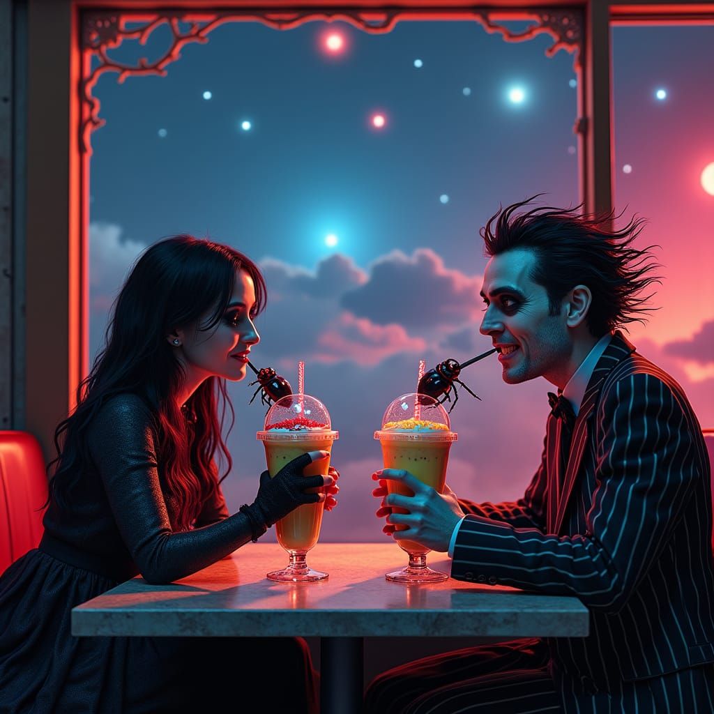 Lydia Deetz and Beetlejuice in Gothic McDonald's