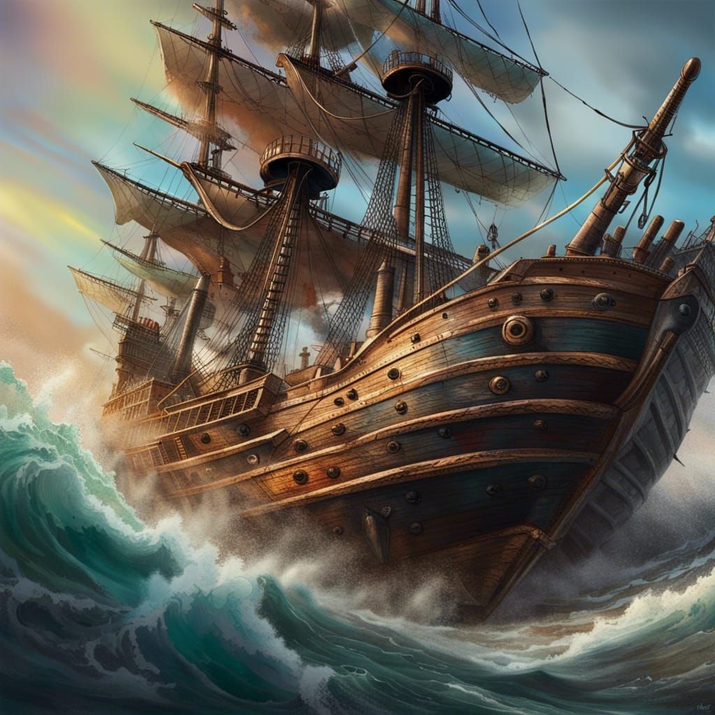 Ship Battle Amidst Stormy Seas in Splash Art Style