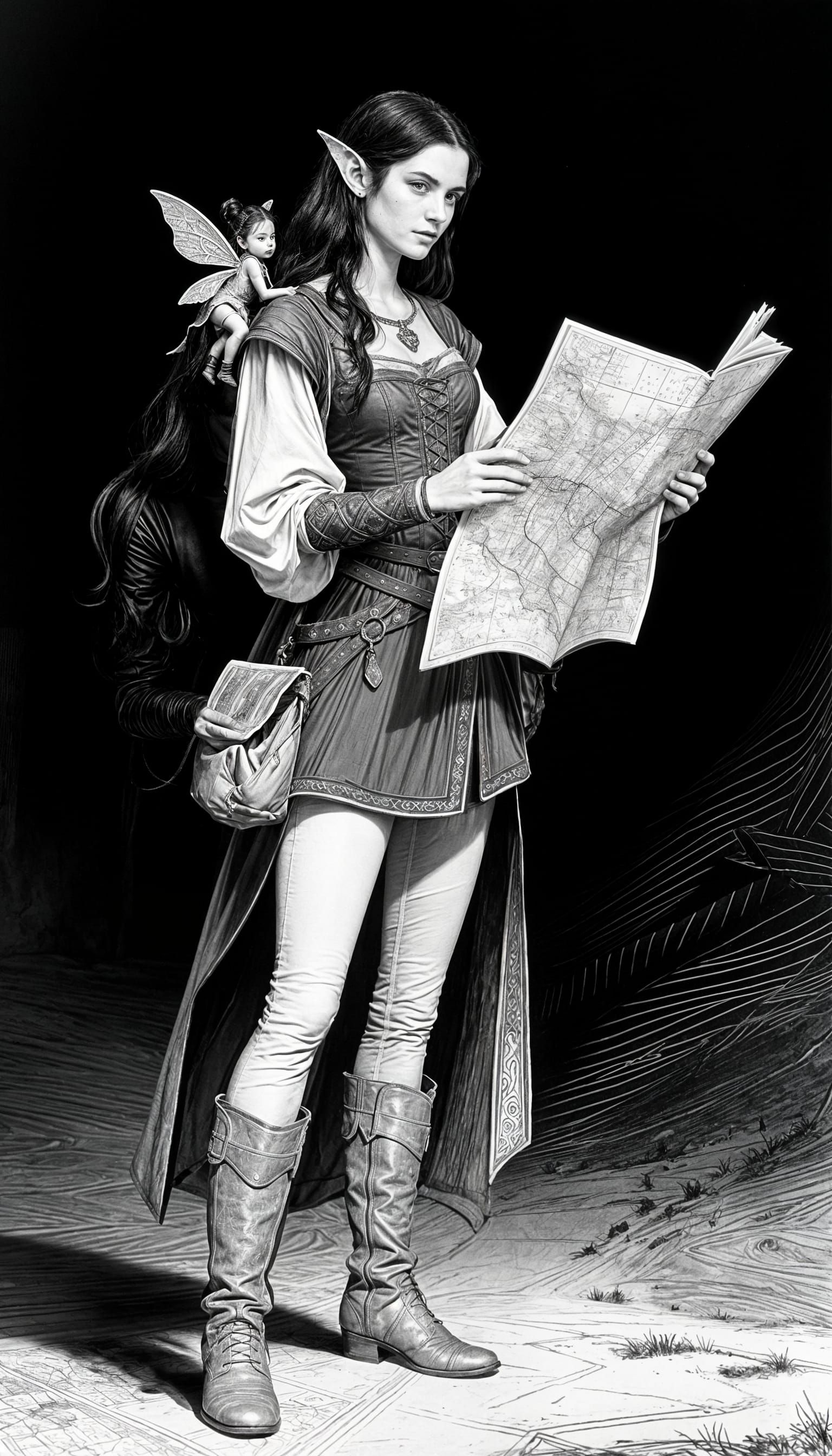 Noble Elf Explorer in OSR Black and White Illustration