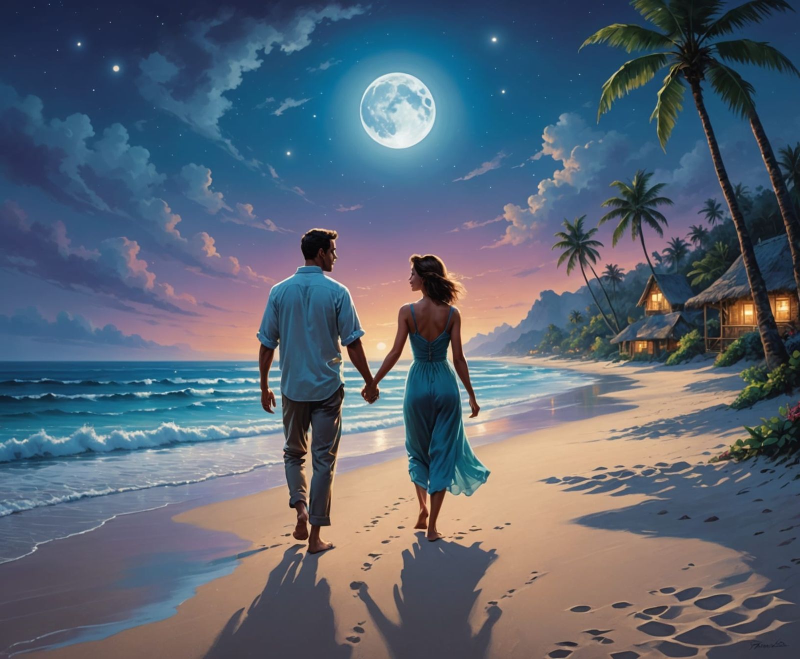 Romantic Couple on Tropical Beach in Hyperrealism