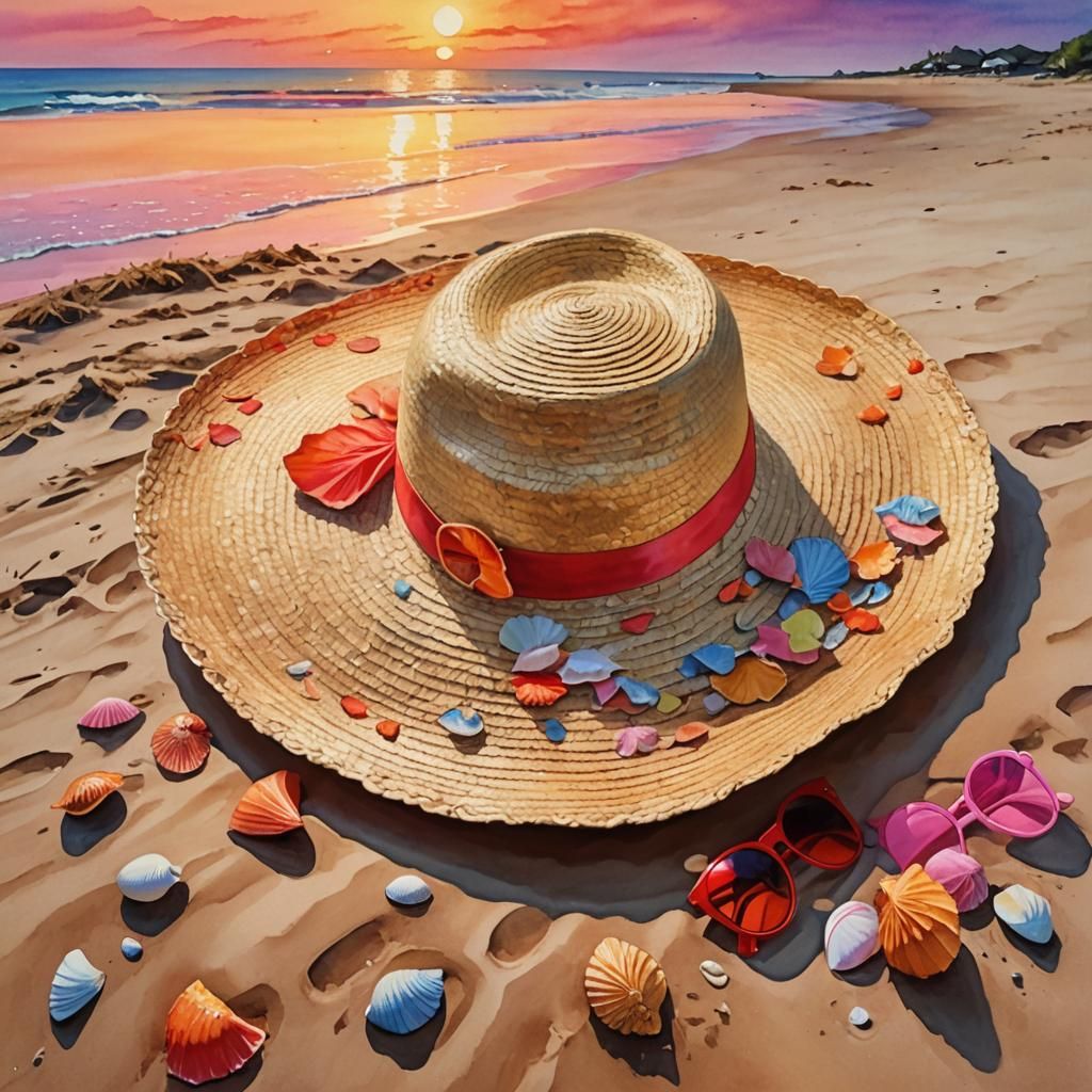Sunset Beach with Straw Hat in Watercolor Style