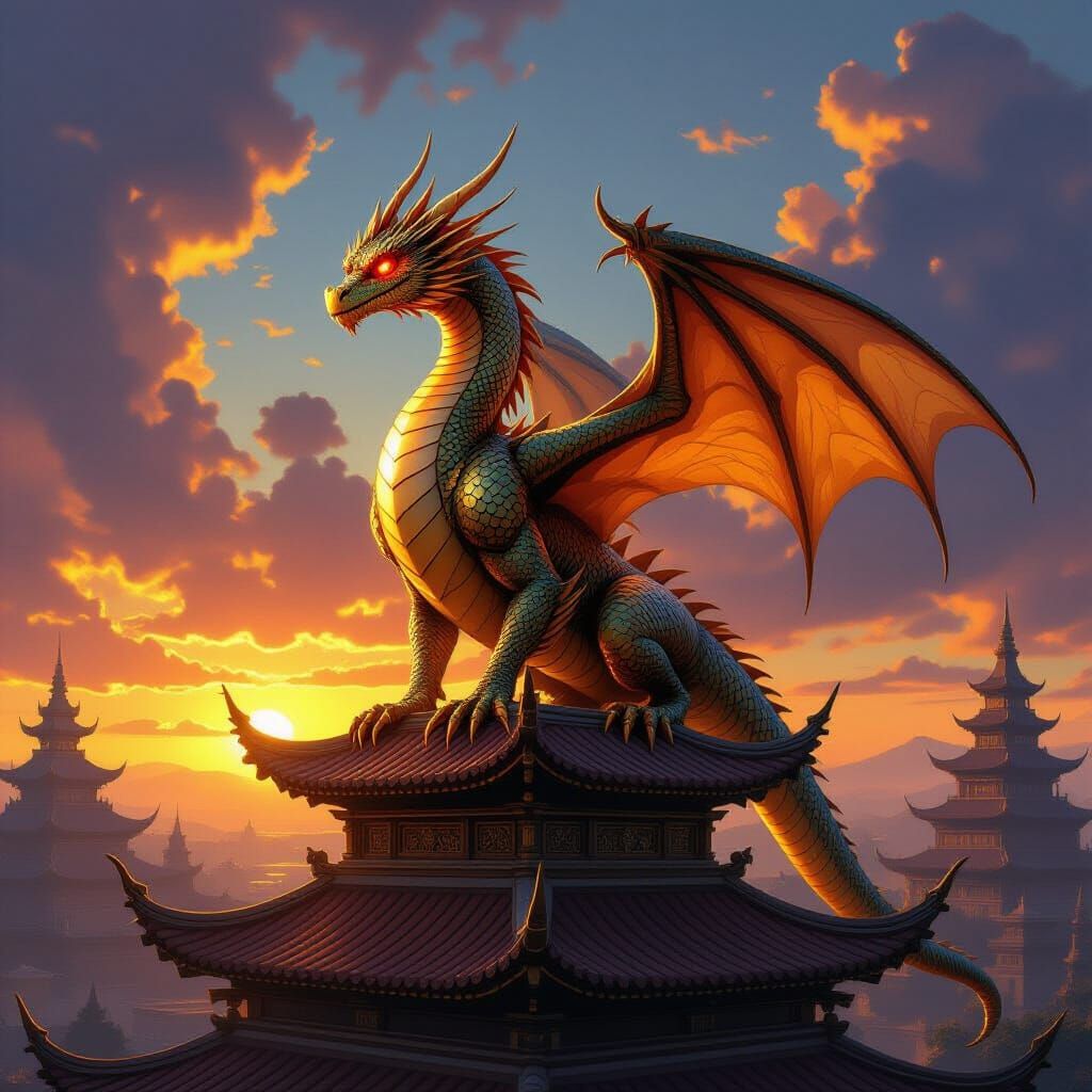 Golden Dragon with Red Crystal Eyes on Ancient Temple Roof