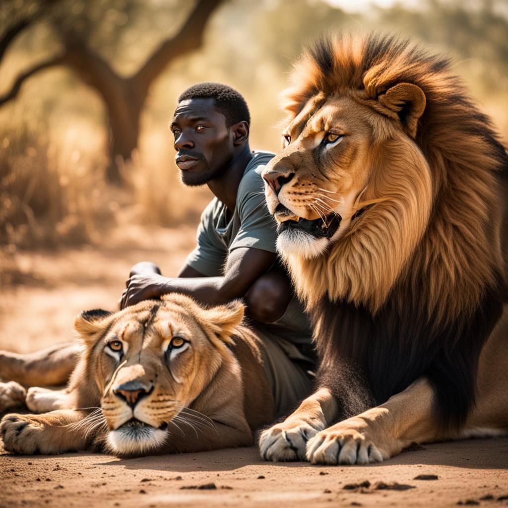 African Man Rides Lion with Respect