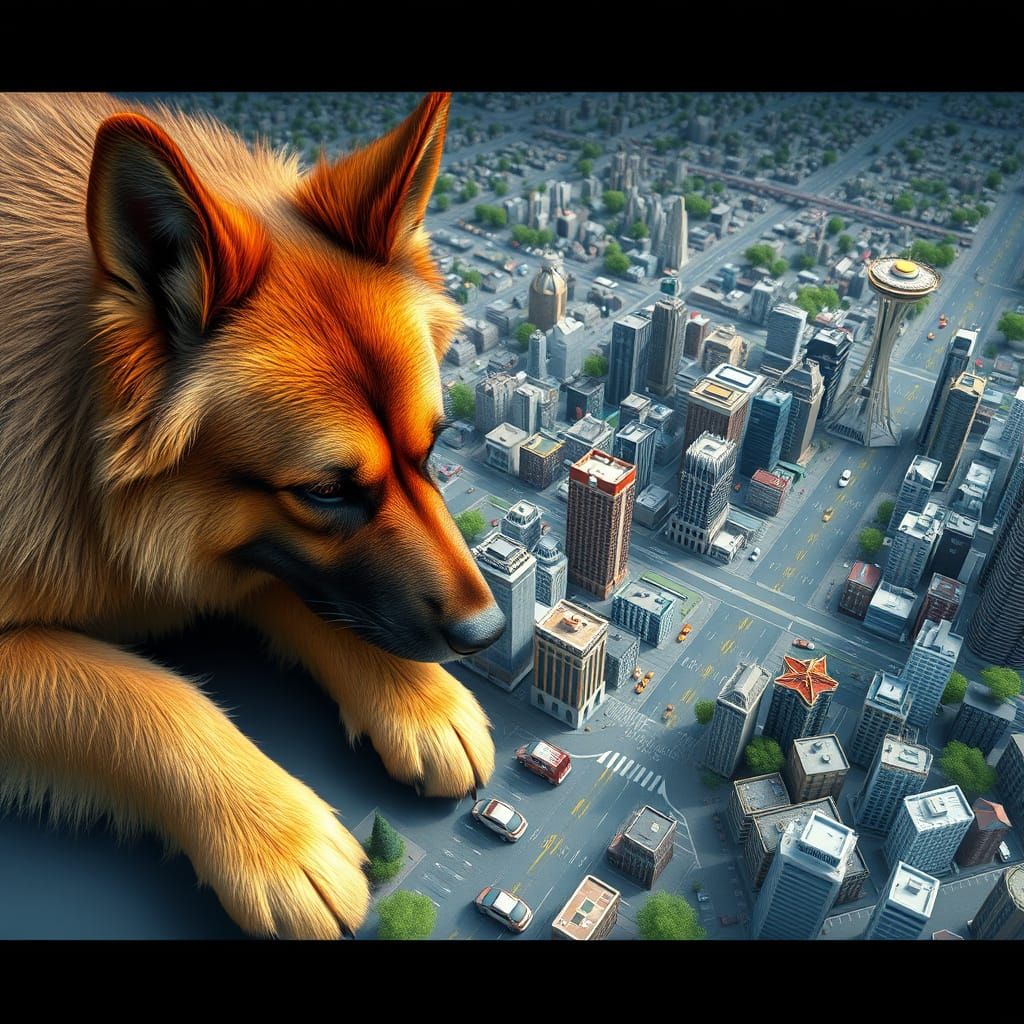 Majestic Golden Shepherd in Seattle Cityscape