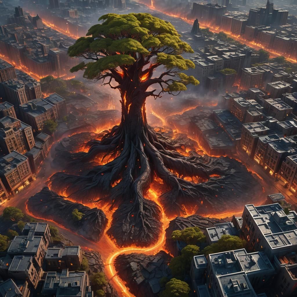 Lava City Atop Ancient Tree, Detailed 3D Rendering