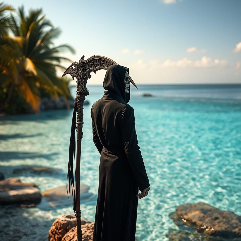 Grim Reaper's Island Vacation in Hyperrealistic Detail