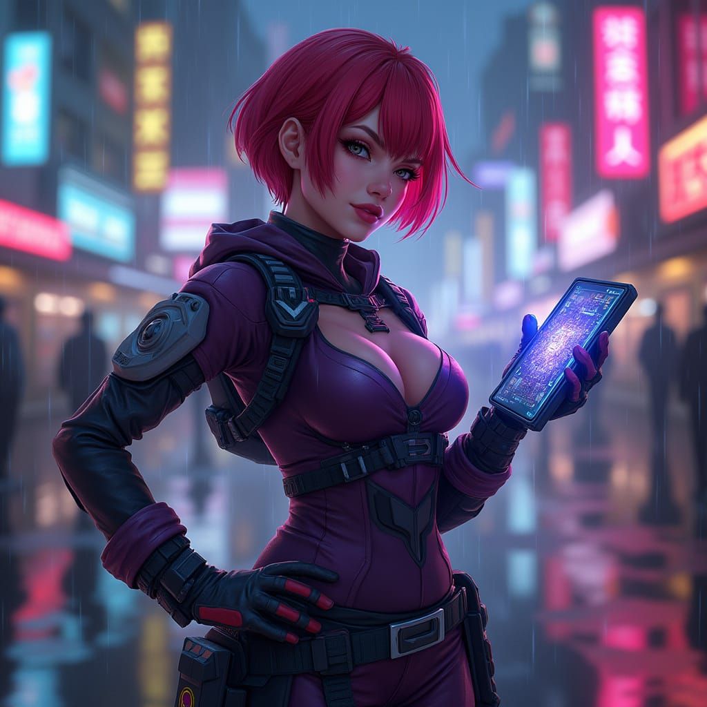 Cyberpunk Female Warrior with Crimson Hair