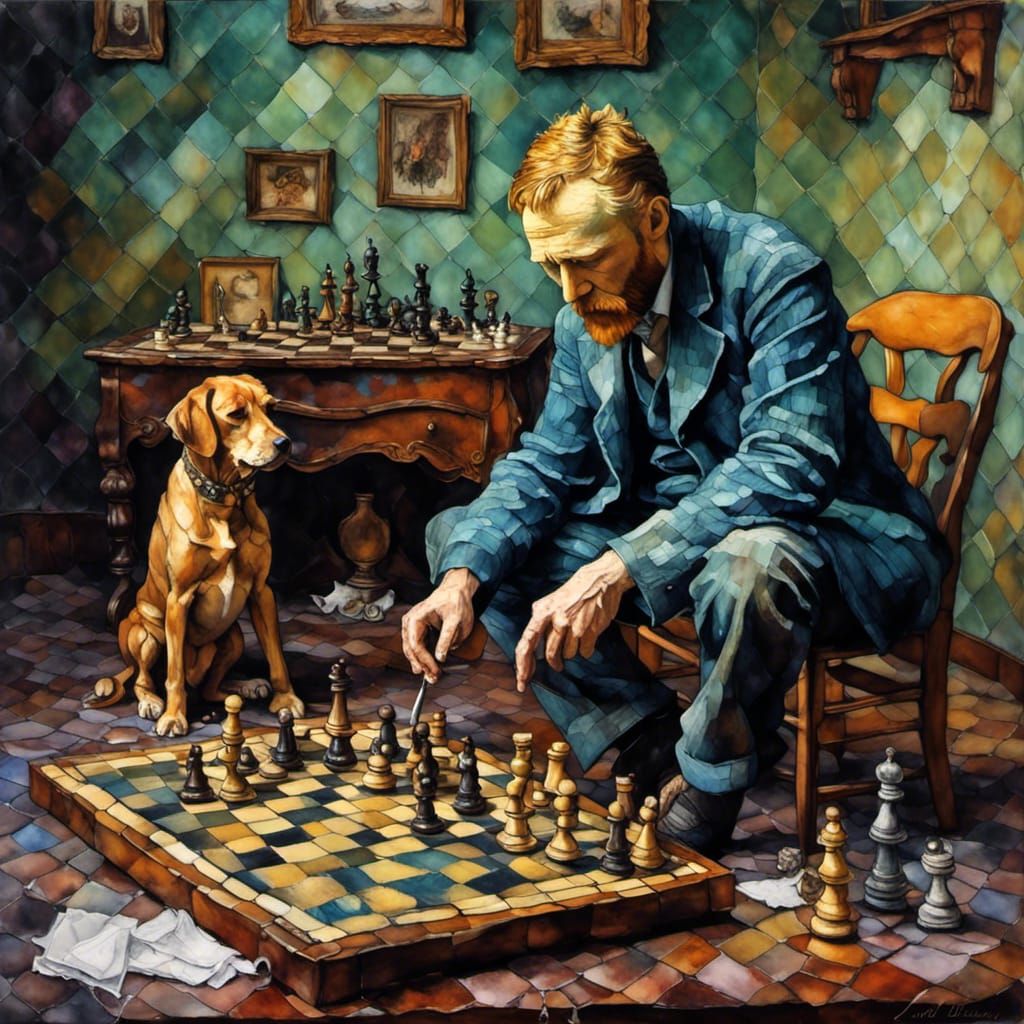 Van Gogh explaining chess to his dog
