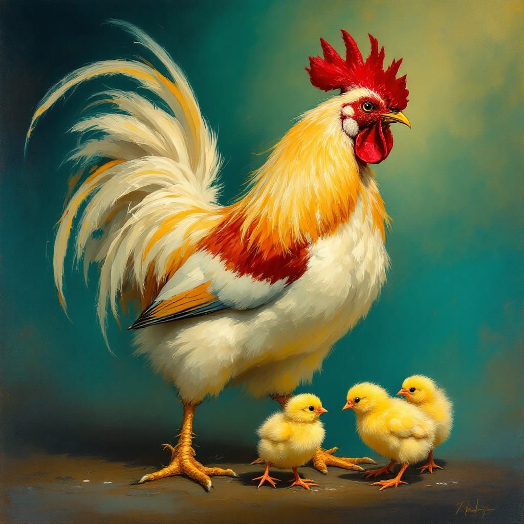 Proud Rooster and Chicks in Impressionist Style