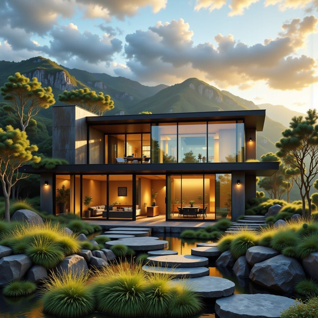 Minimalist Modern Home at Golden Hour