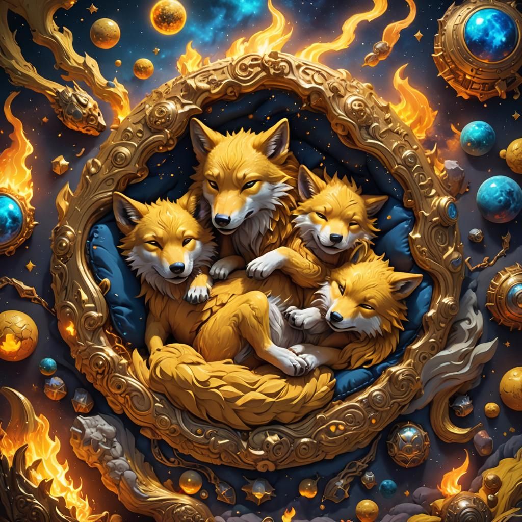 Cosmic Mythic Wolf with Fire Powers Sleeping