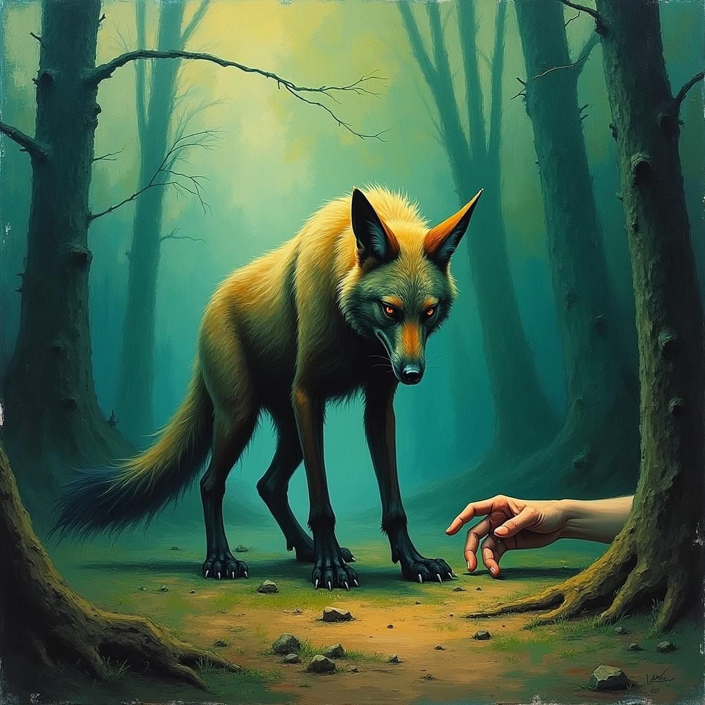 Fox Sniffs Hand in Surreal Forest Painting
