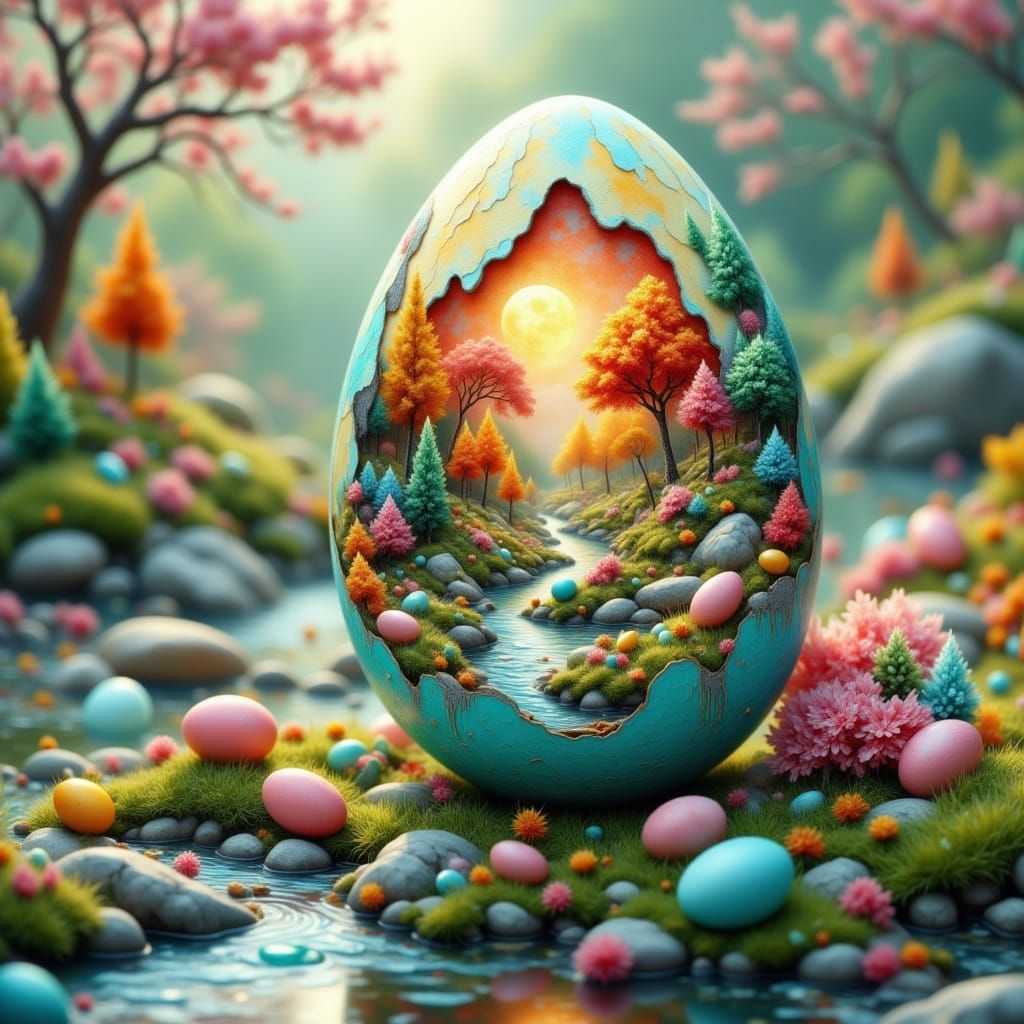 Miniature Surreal Mediterranean Landscape Inside Cracked Eas...