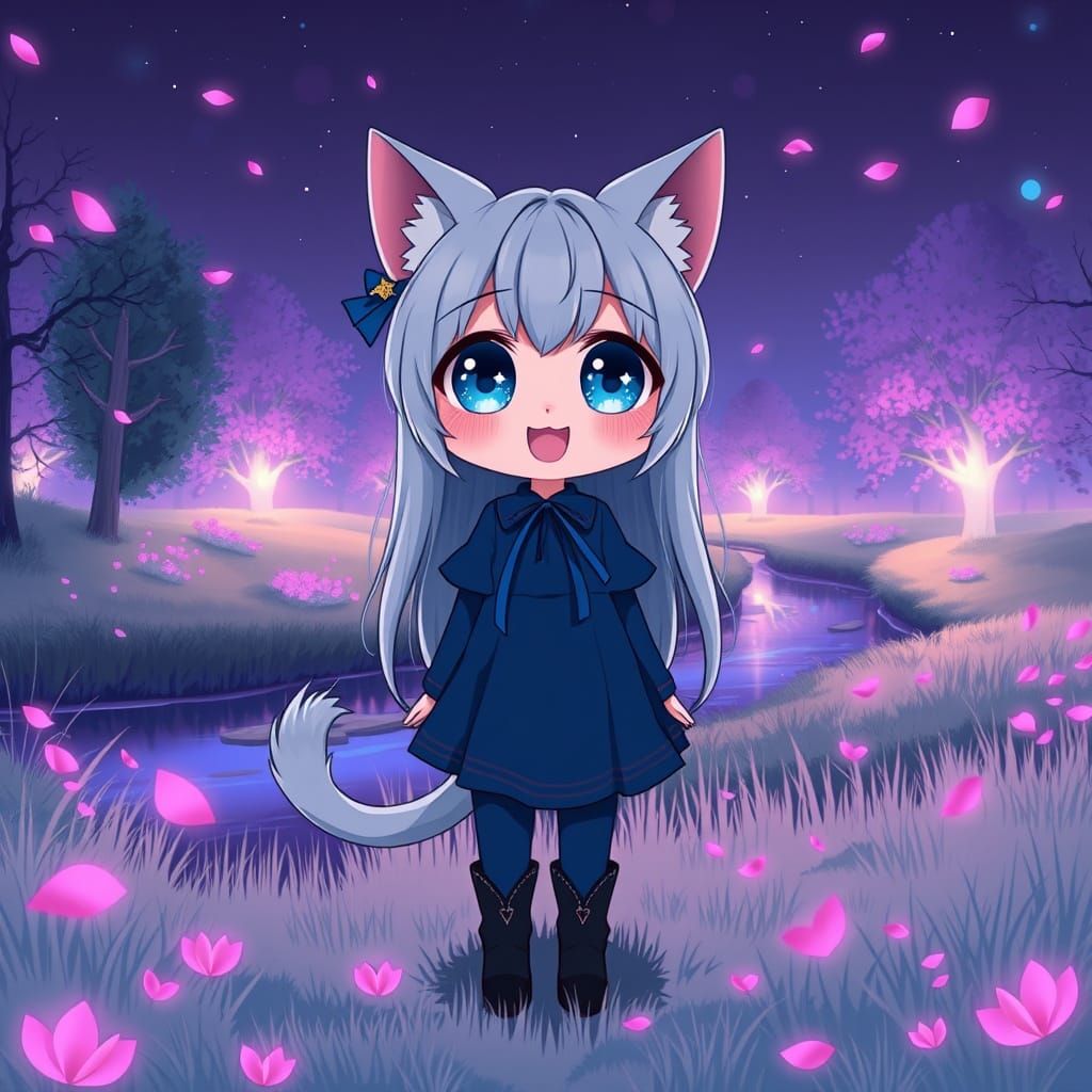 Catgirl in Synthwave Style Amidst Glowing Lights