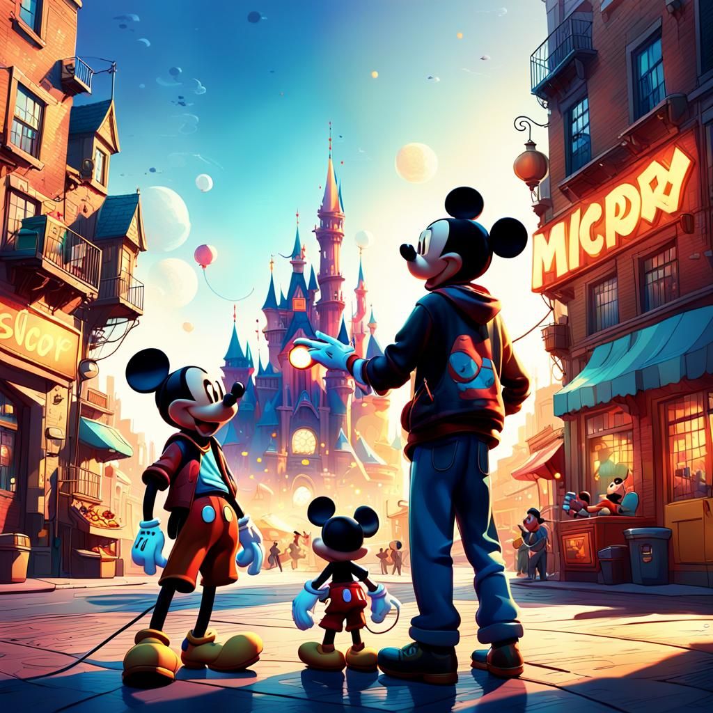 Mickey Mouse and Man Chat in Colorful City