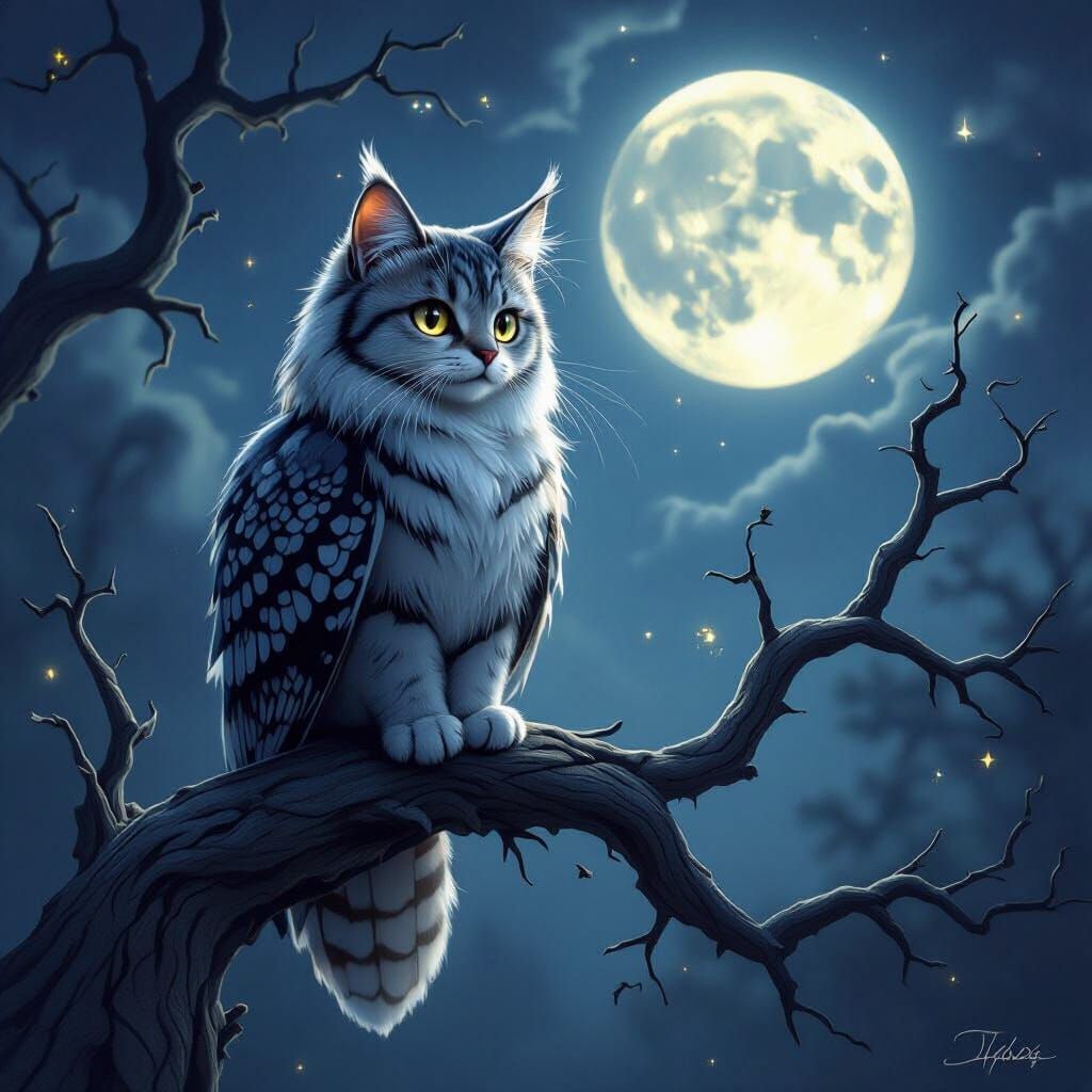 Whimsical Cat-Owl Hybrid in Moonlit Forest