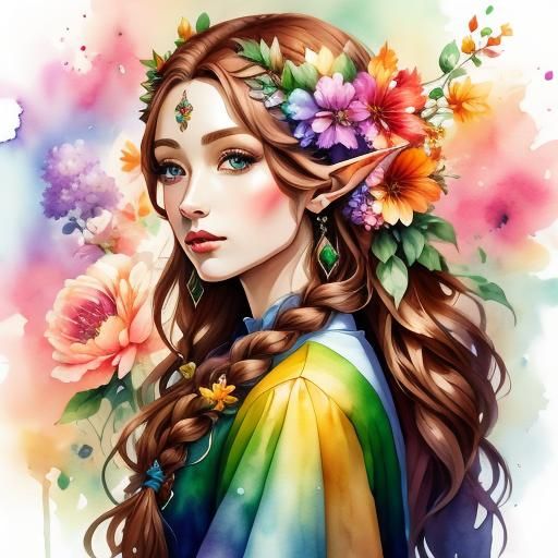 Watercolor Elf Portrait in Spring Grove