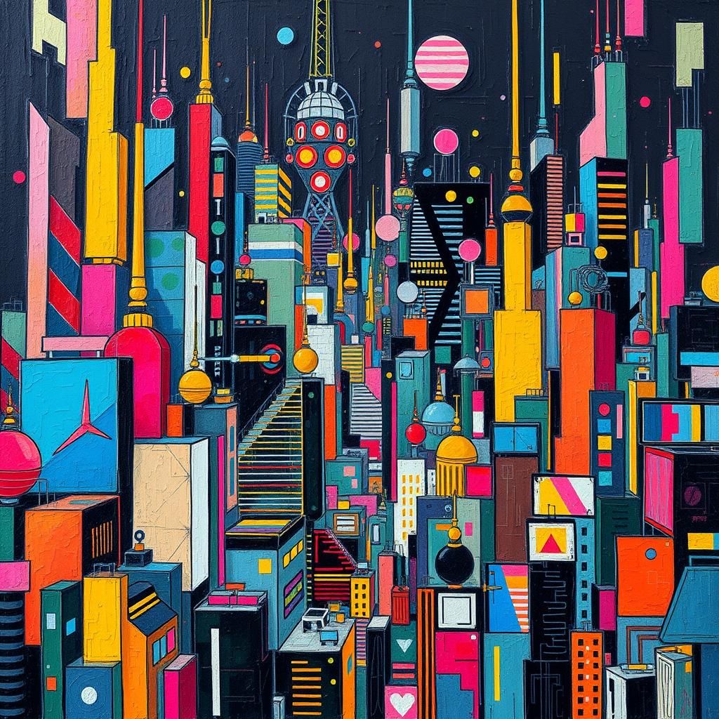 Vibrant Cityscape in Cubist Cyberpunk Style