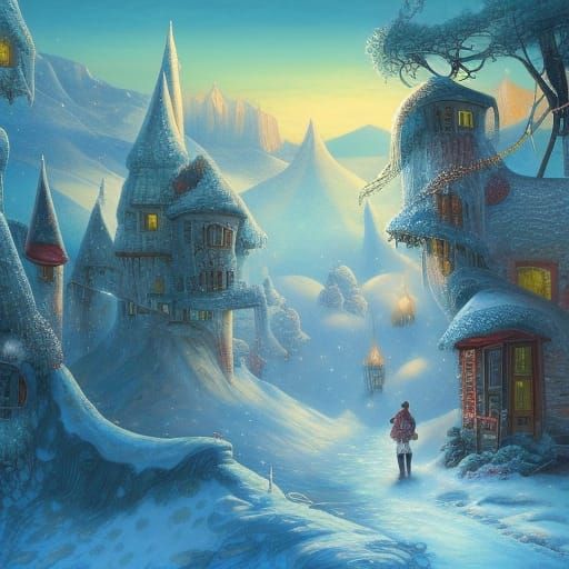 Colorful Village in Snowy Landscape: Fantasy Art