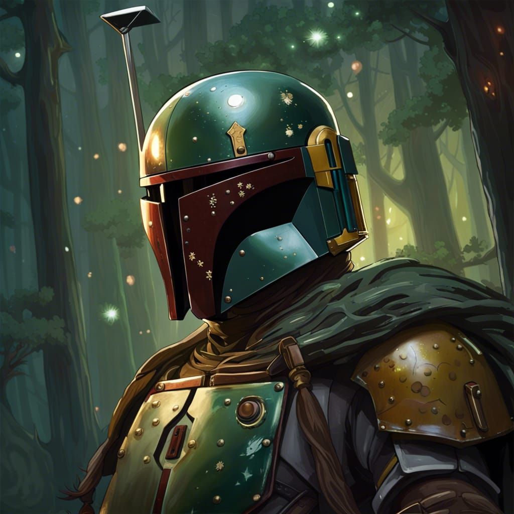 Steampunk Boba Fett in Dark Woods Under Starry Night