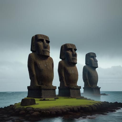 Moai Sculptures on Easter Island in Digital Painting
