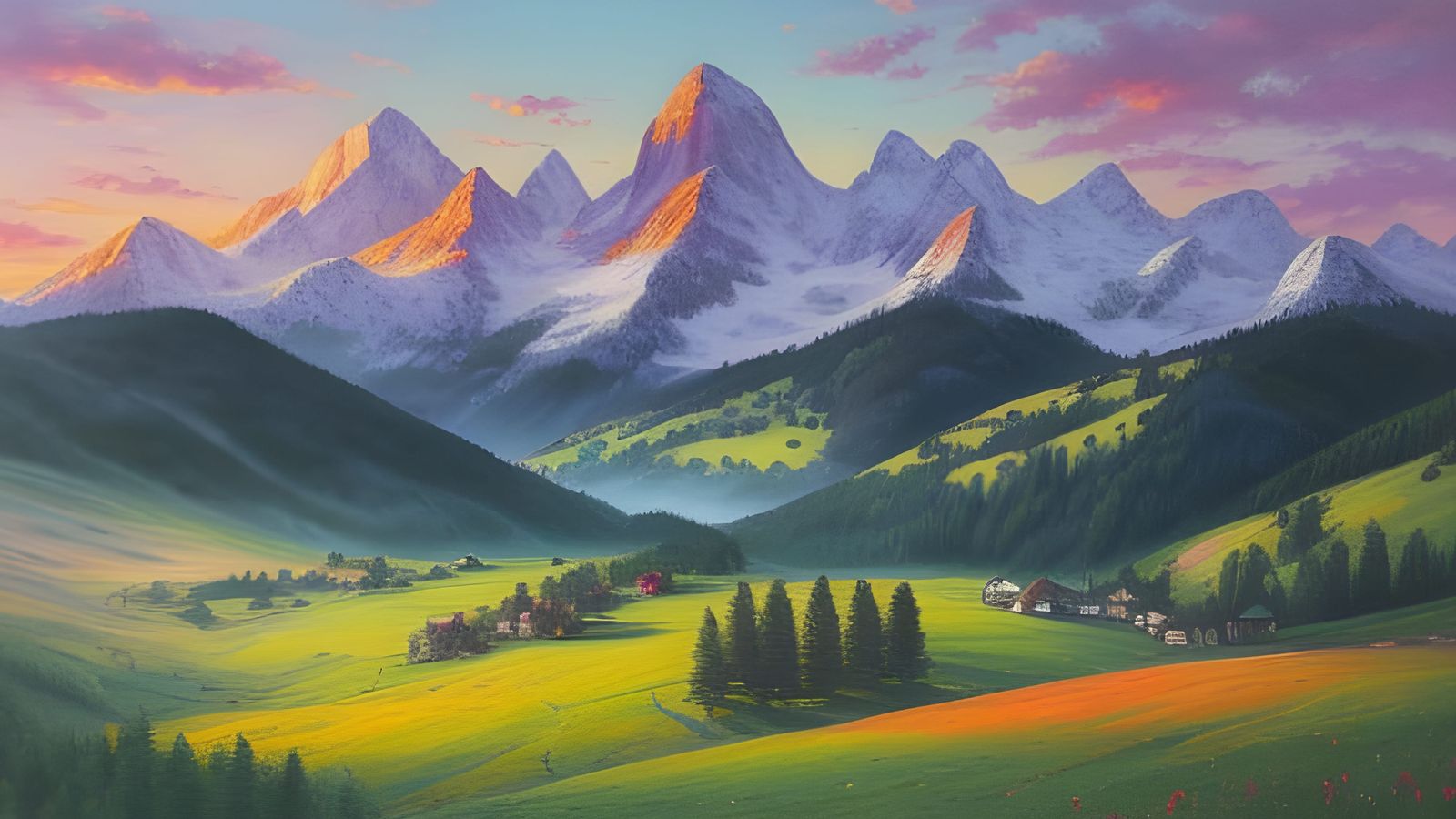 Vibrant Swiss Alps Village in Pastel Hues