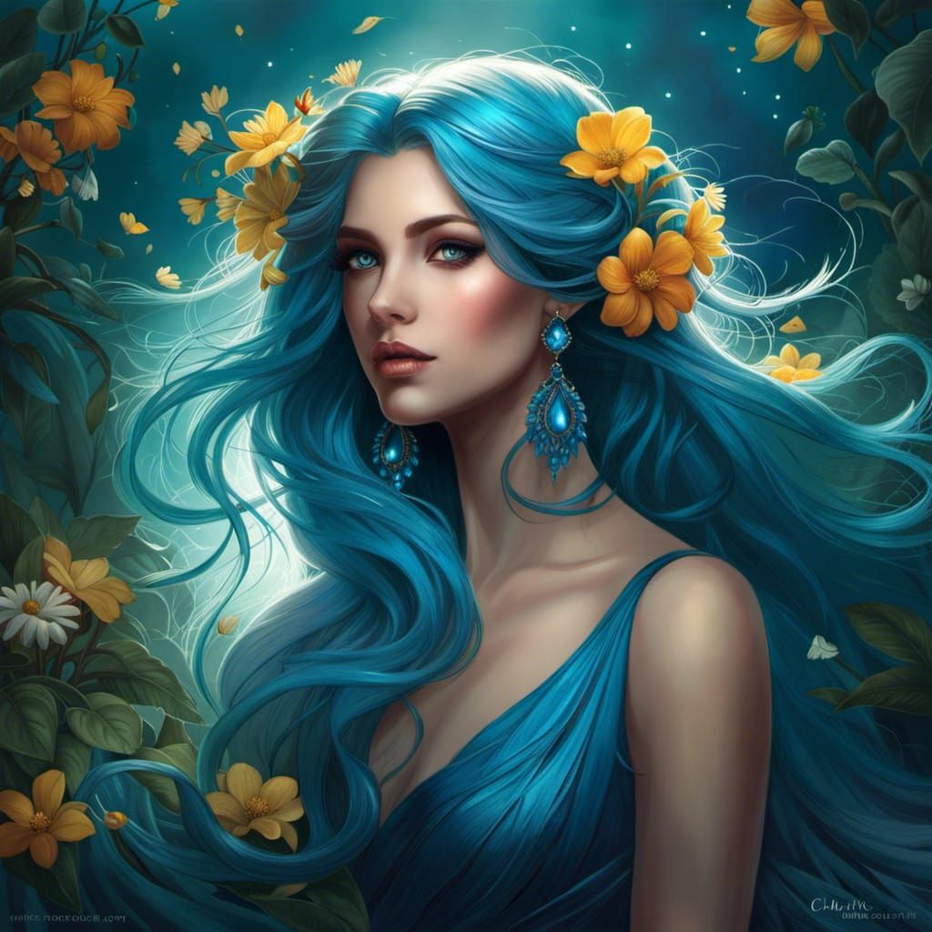 Ethereal Woman with Cerulean Hair, Digital Art