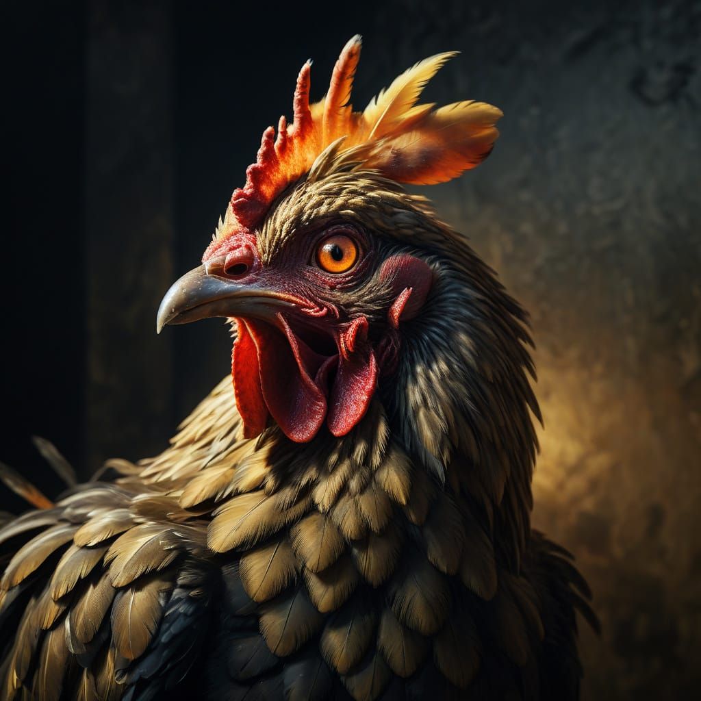 Surreal Fluffy Chicken Portrait in Oil Painting