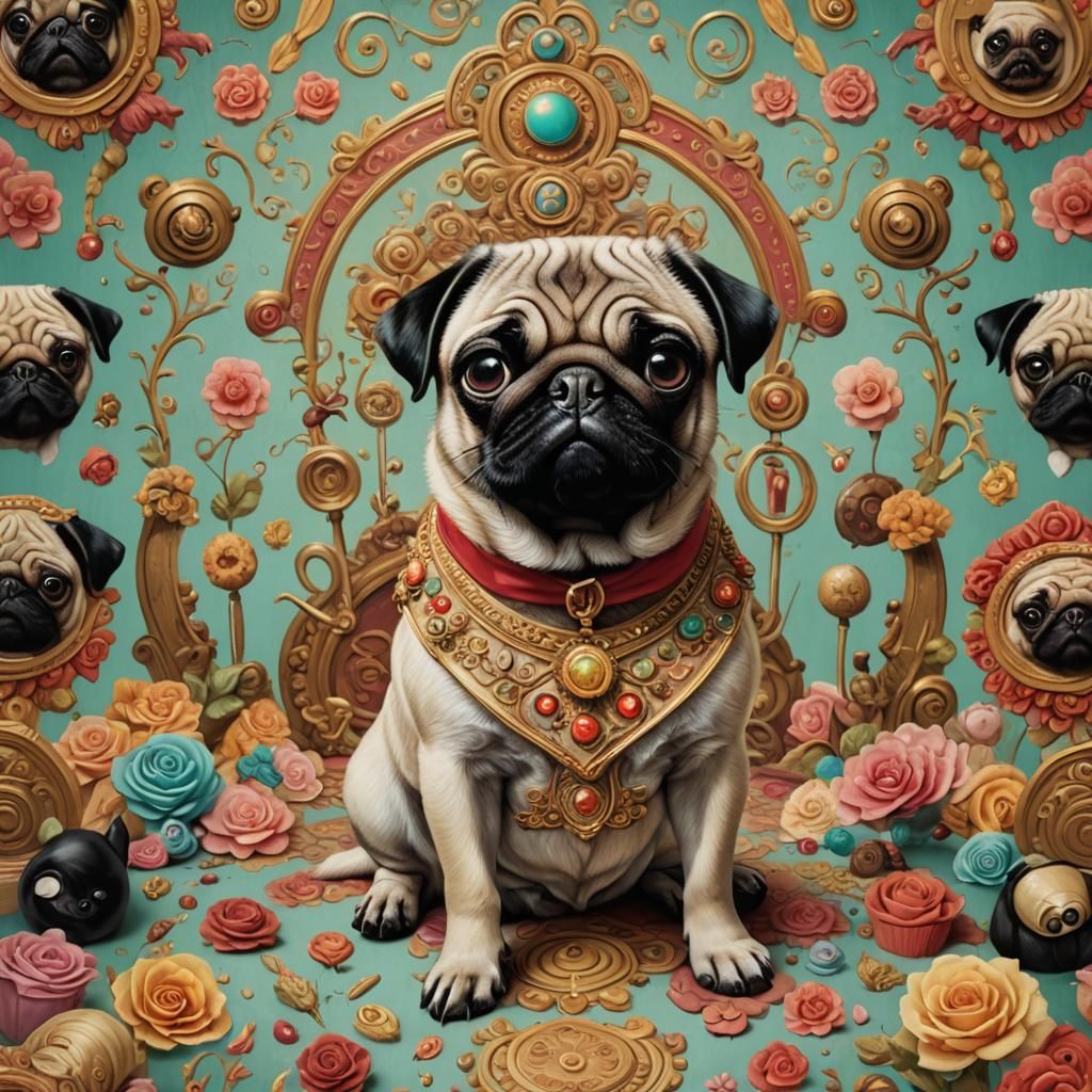Pug dog on a whimsical background