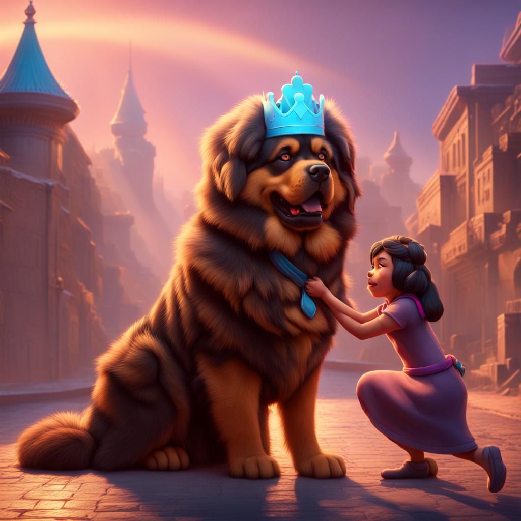 Tibetan Mastiff Dog Rescues a Princess: 3D Digital Art