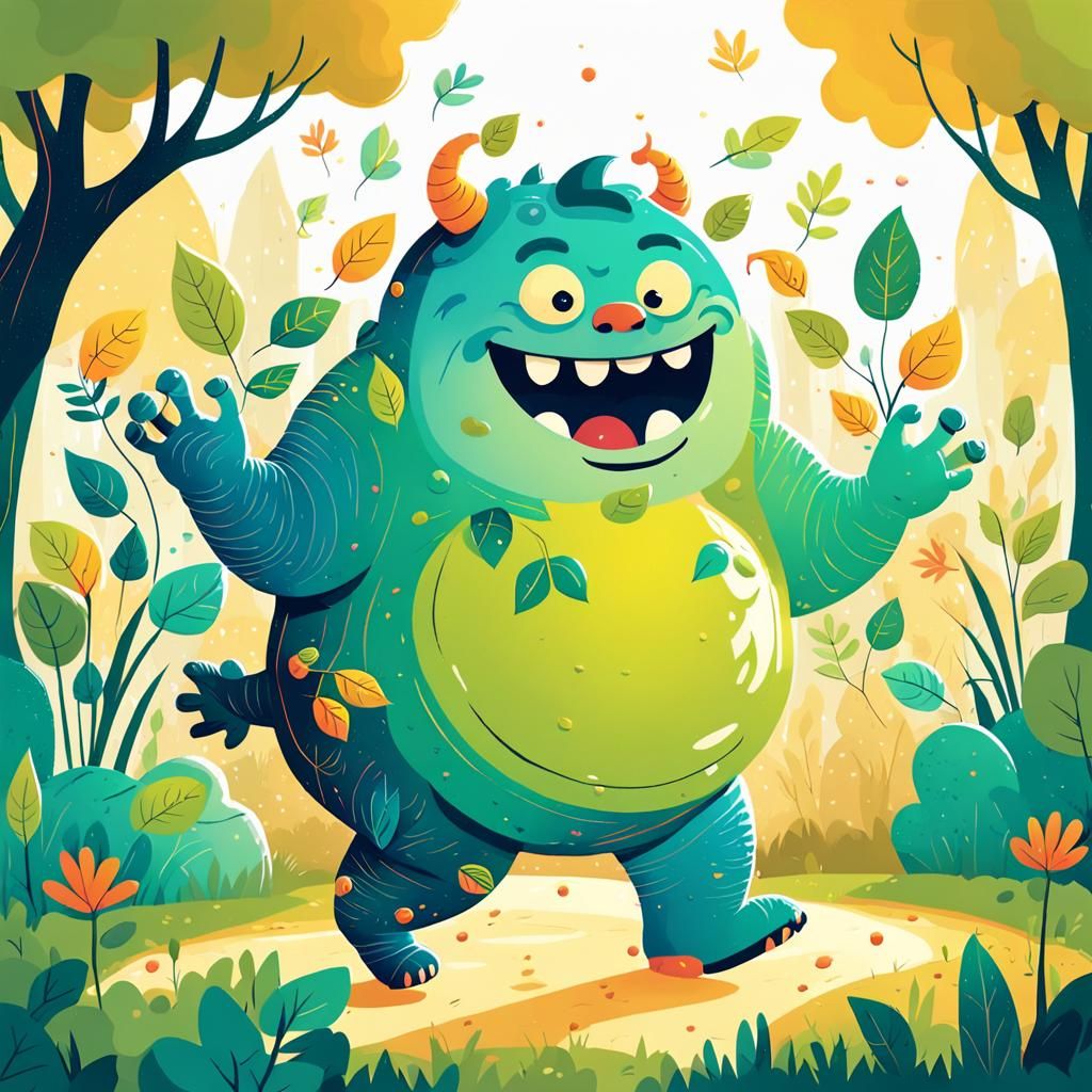 Smiling Green Monster in Garden: Flat Illustration