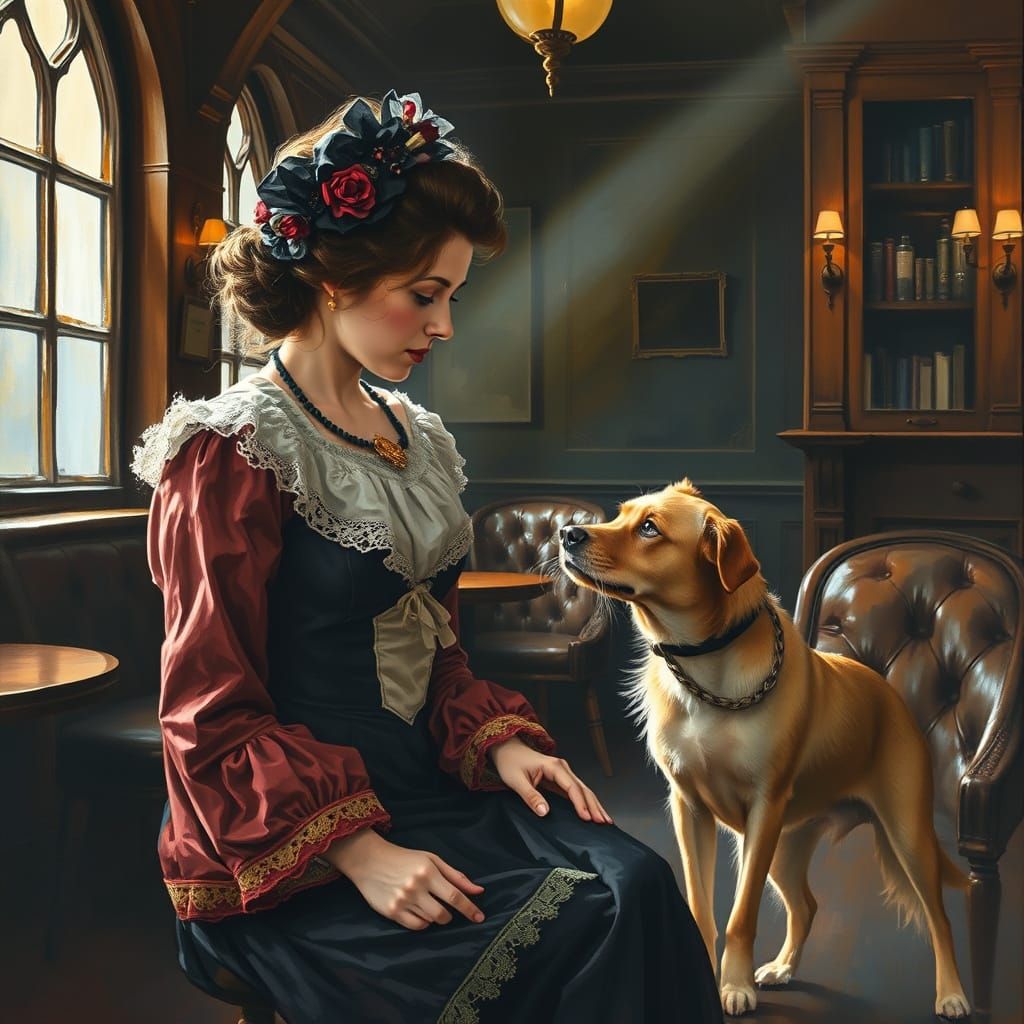 A Victorian Woman Meets a Street Dog in a Warm Tavern
