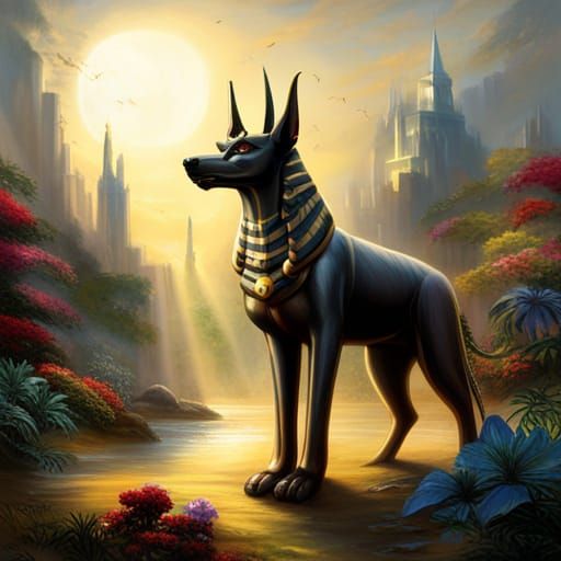 Hyperrealistic Anubis in Ethereal Fantasy Landscape