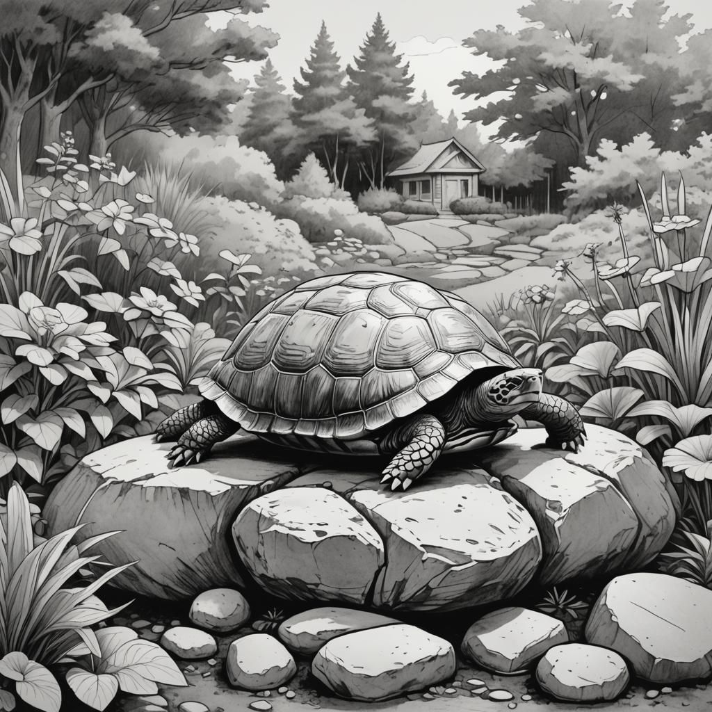 storyboard frame, a turtle sitting on a round rock sitting i...