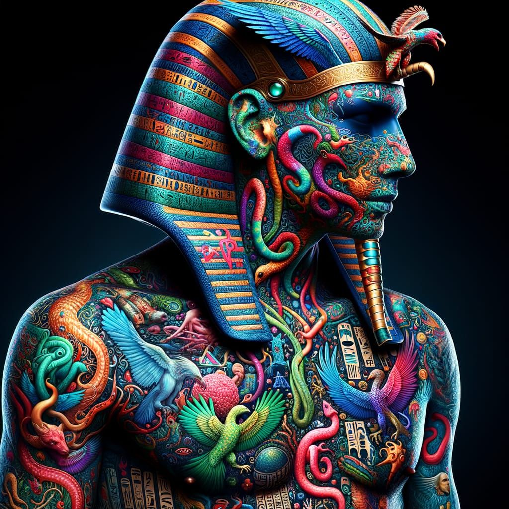 Hyper-Realistic Pharaoh with Vibrant Tattoos